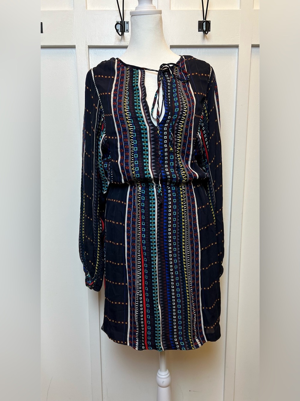 Parker Dress Size Small Multicolor Geometric Dolman Long Sleeve Sheer Lined Boho